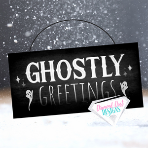 Ghostly Greetings Halloween sign, wood or metal 2 size options. Ghost Wreath sign. Halloween door hanger. Halloween accent.