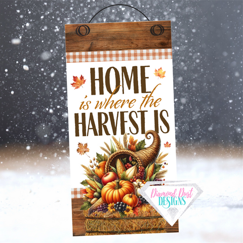 Home is where the Harvest is sign, wood or metal 2 size options. Cornucopia Wreath sign. Fall door hanger. Fall accent.