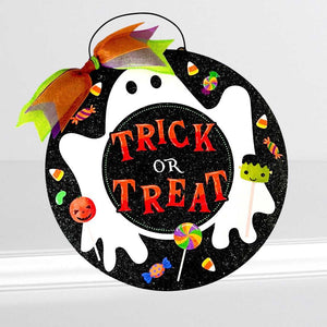 Trick or Treat round Ghost Halloween sign. Wood or Metal option.