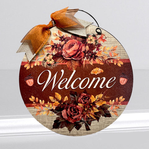 Fall Welcome Acorn round sign. Wood or Metal options.