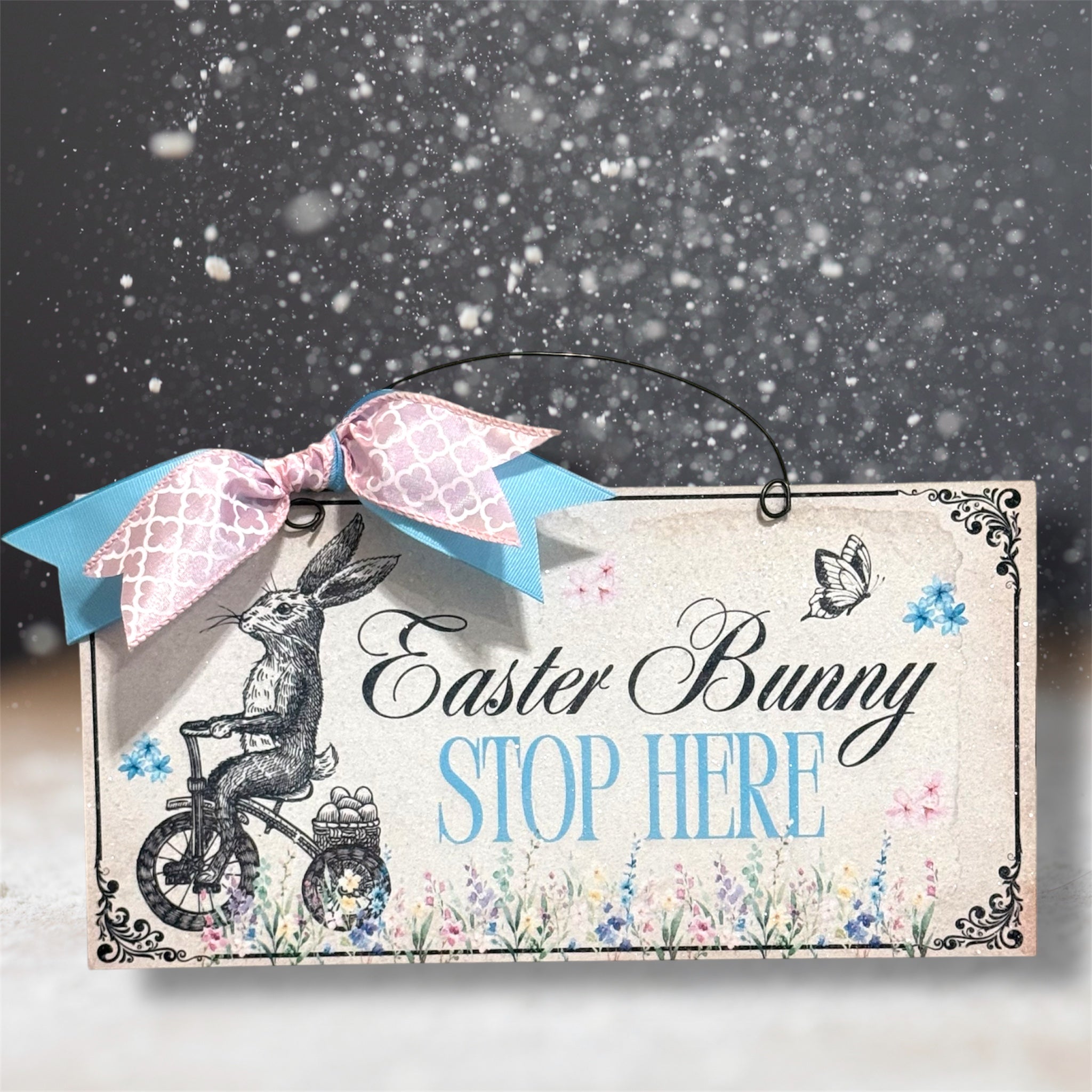 Easter Bunny Stop Here vintage sign.12x6 inch sign. Wood or metal options.