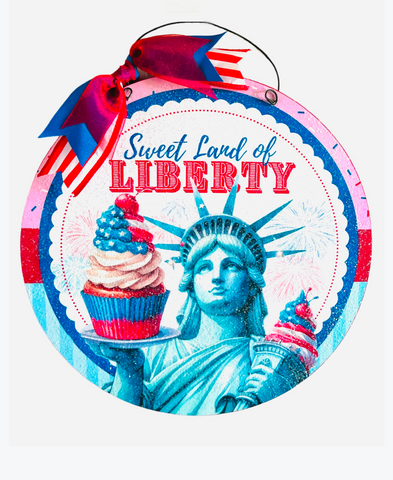 Sweet land of Liberty cupcake round Welcome sign. Wood or metal options.