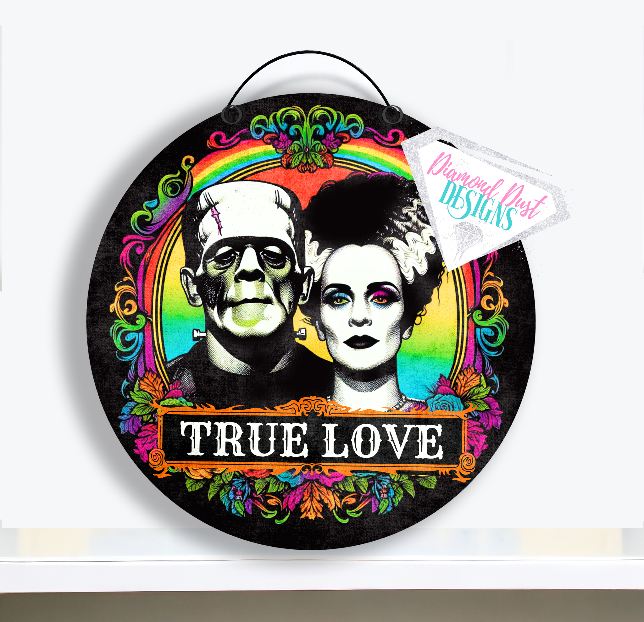 Customizable Frankenstein and Bride True Love round wood sign.