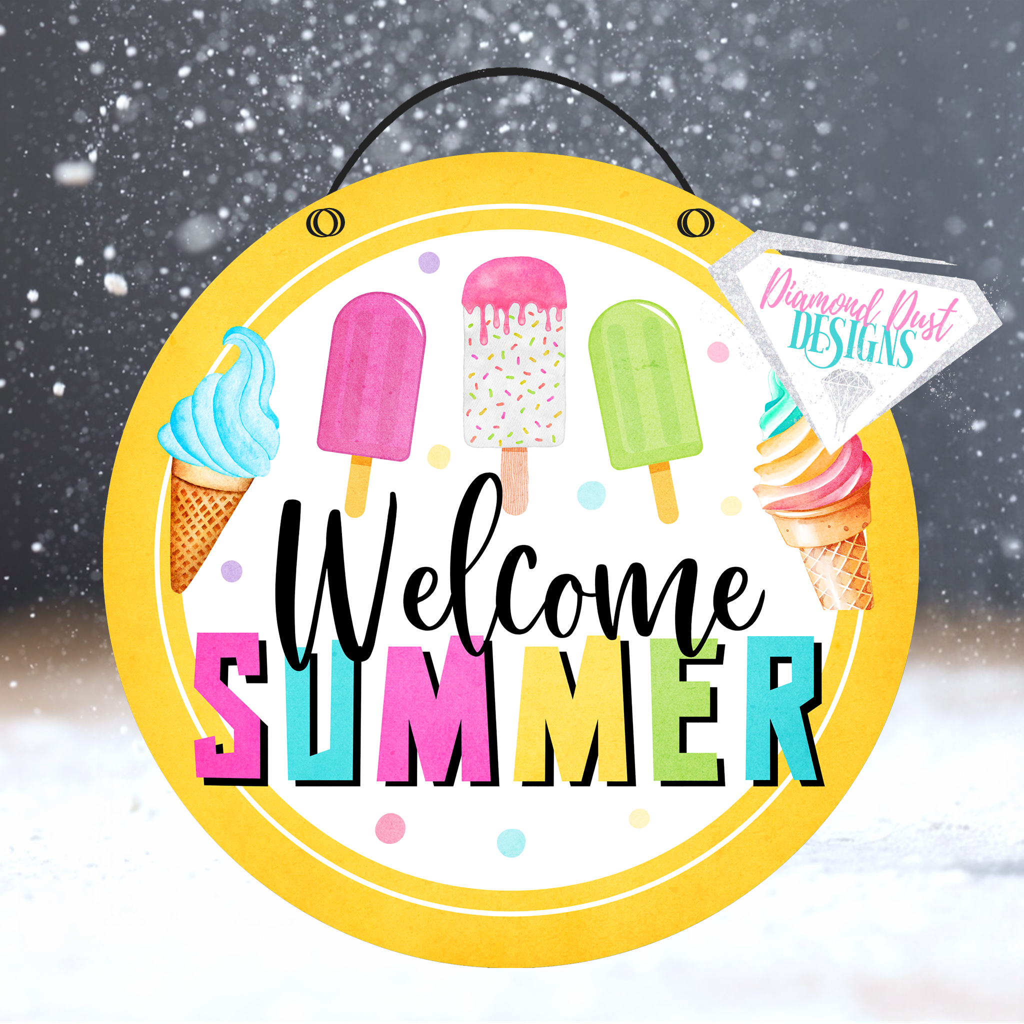 Welcome Summer Ice Cream round sign. 12x6 inch sign. Wood or metal options.