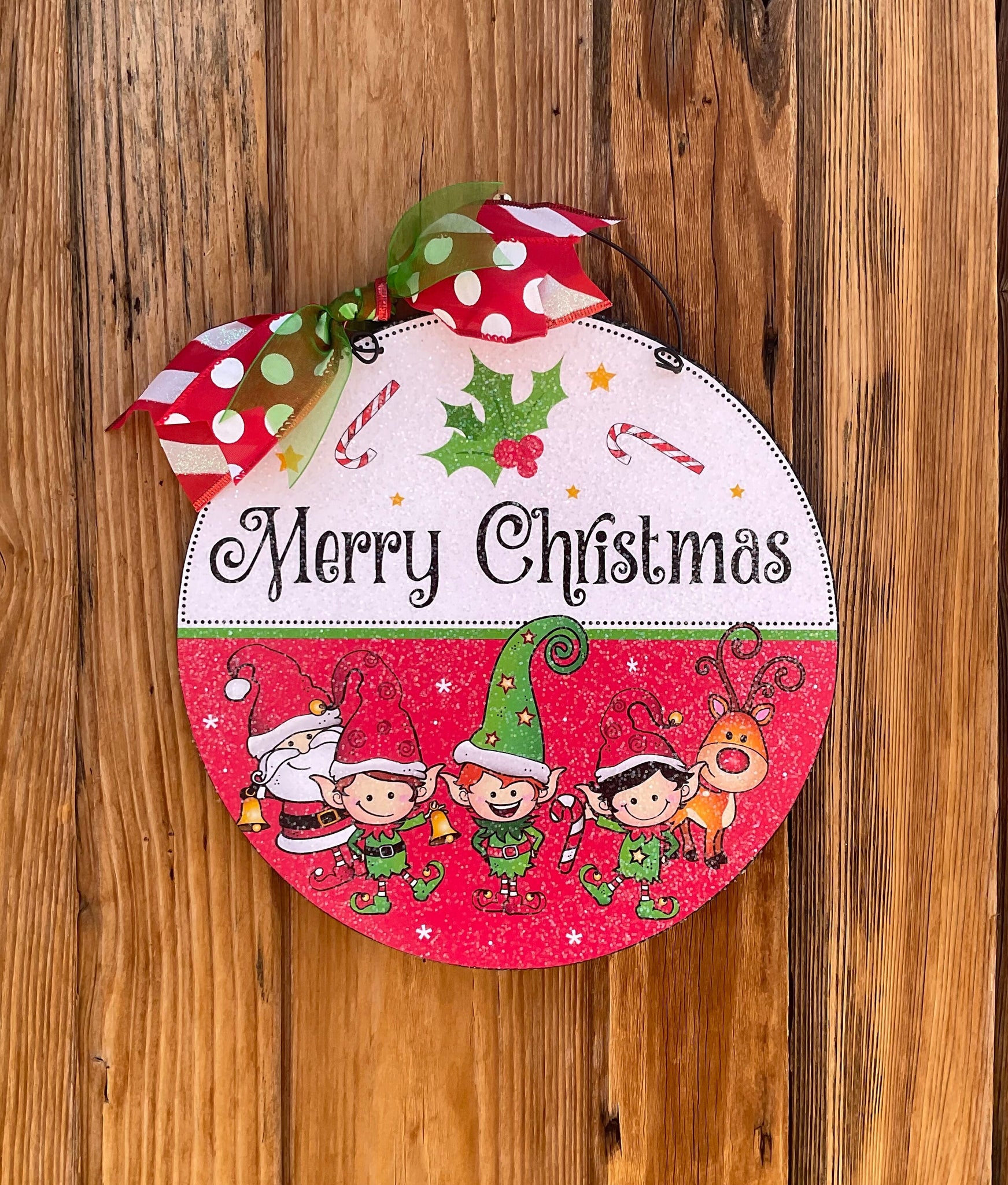 Whimsical Merry Christmas round sign.Wood or metal option.
