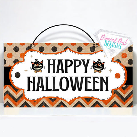 Vintage Happy Halloween sign with black cats. Wood or metal option.