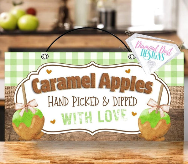 Caramel Apple sign 12x6 inches. Red or green apple options. Wood or metal.