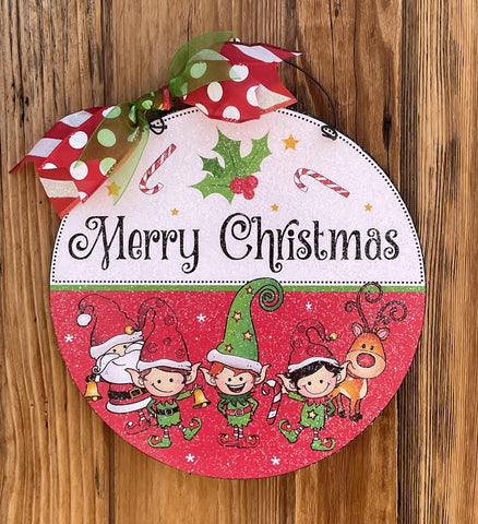 Merry Christmas Elves round sign.