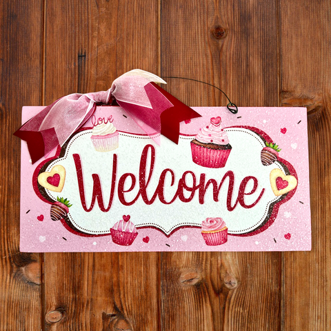 Valentine welcome cupcake sign.