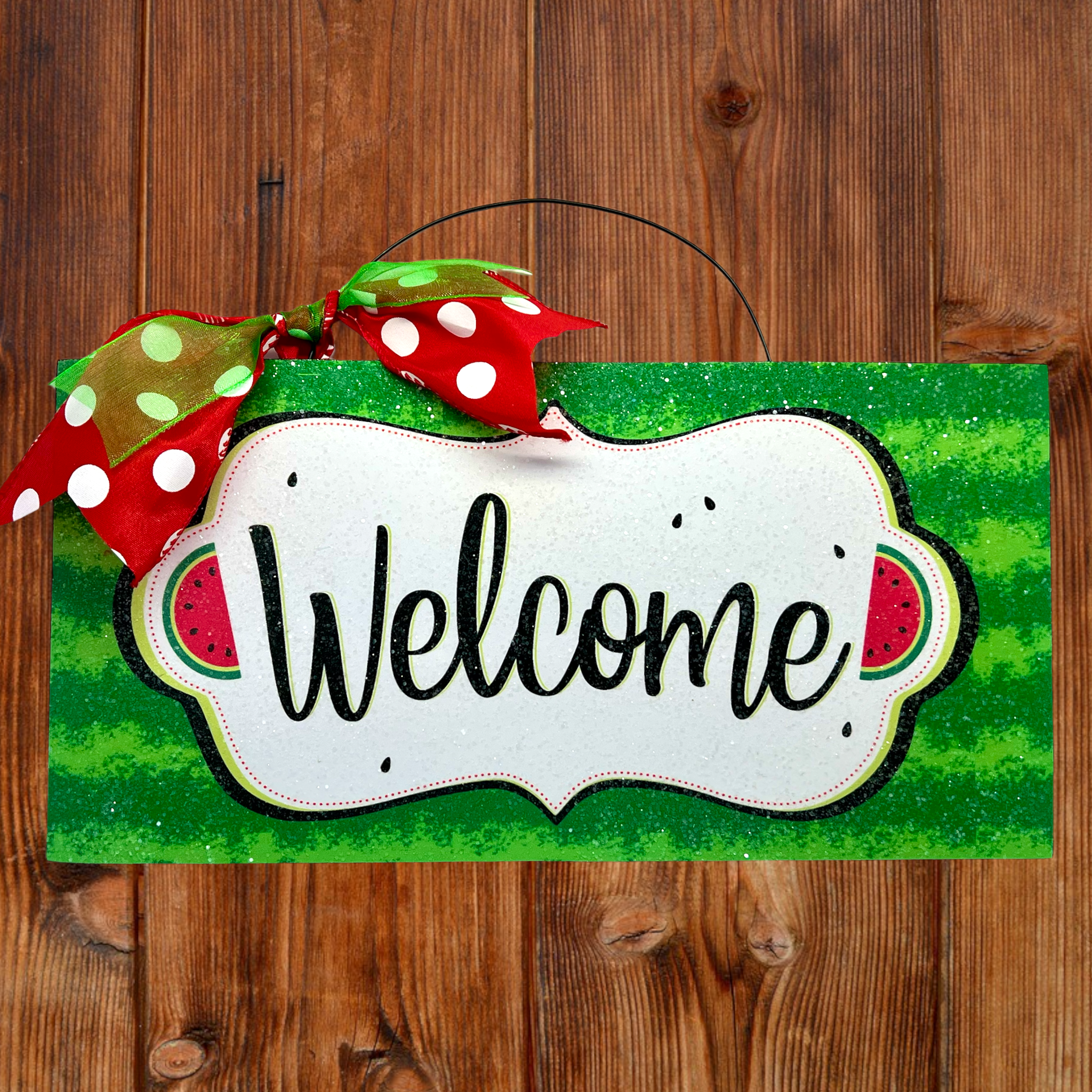 Welcome sign. Watermelon print with polka dots and glitter.