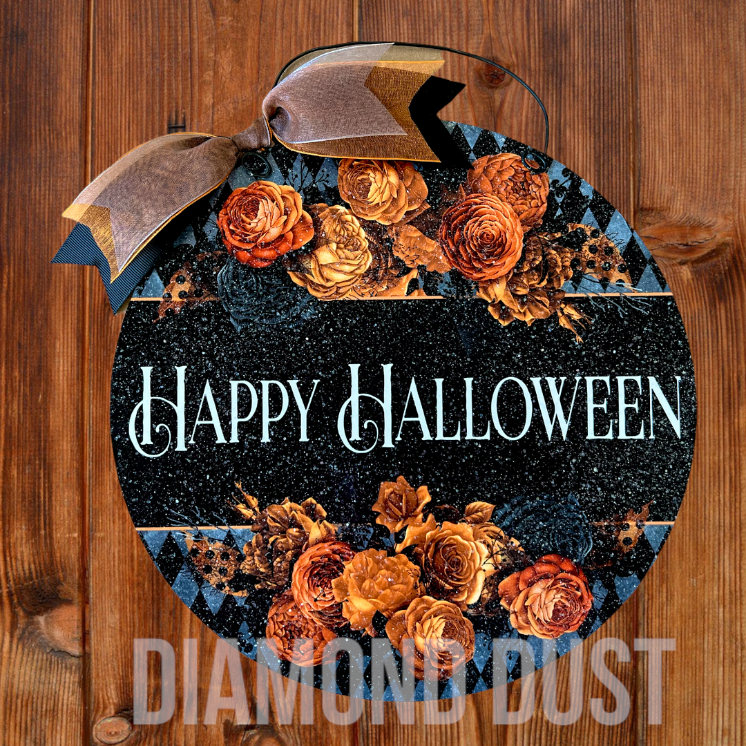Happy Halloween floral round sign. Wood or metal option.