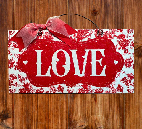 Red Rose Toile Love sign. Wood or metal option.