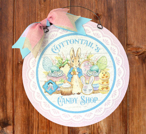 Cottontail's Candy shop 10 inch round sign. Wood or metal option.