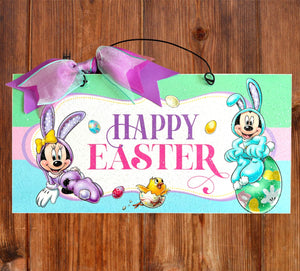 Mickey and Minnie bunny Happy Easter 6x12 inch sign. Customizable text wood or metal option.