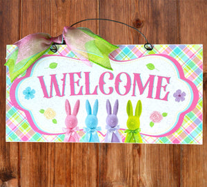 Flocked Bunny Welcome sign 6x12 in. Wood or metal option.