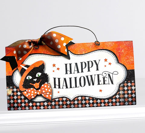 Happy Halloween vintage black cat sign. Wood or Metal option.