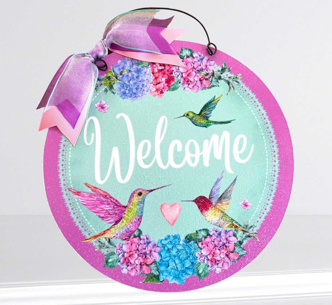 Hummingbird and Hydrangea round Welcome sign. Wood or metal options.