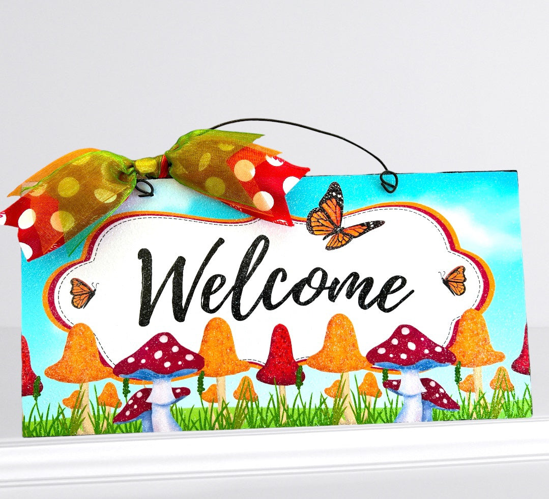 Mushroom Monarch Butterly Welcome sign. Wood or Metal option.